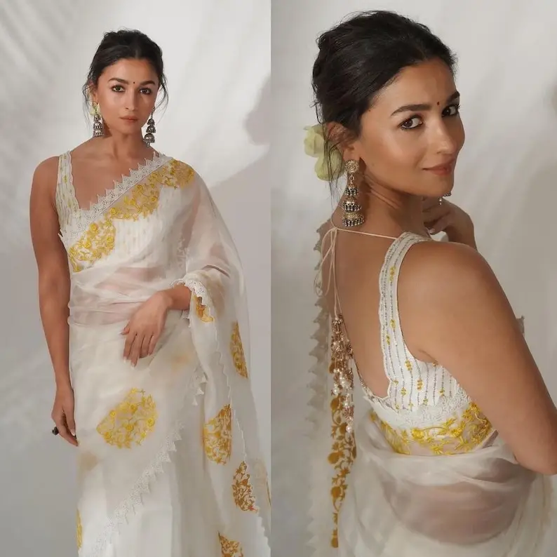 ALIA BHATT STUNNING LOOKS IN BEAUTIFUL WHITE SAREE SLEEVELESS BLOUSE 3